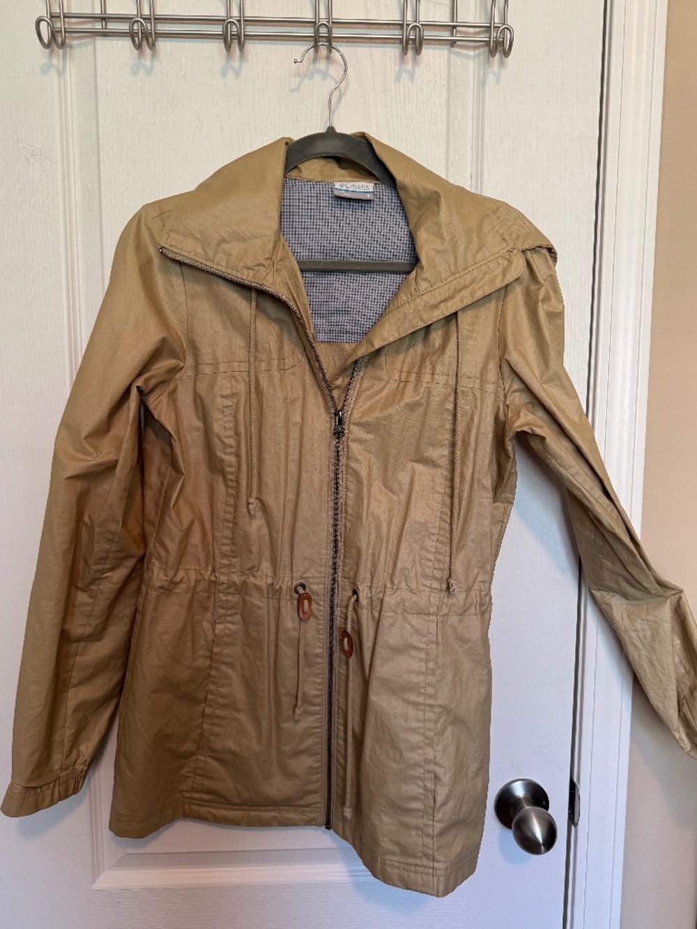 Columbia Tan Ramie Cotton Zip Trench Jacket Gingham Trim Medium M
